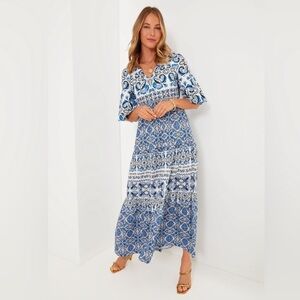 TUCKERNUCK Majolica Tile Ginger Dress V-Neck Maxi Blue White Cotton Size XS